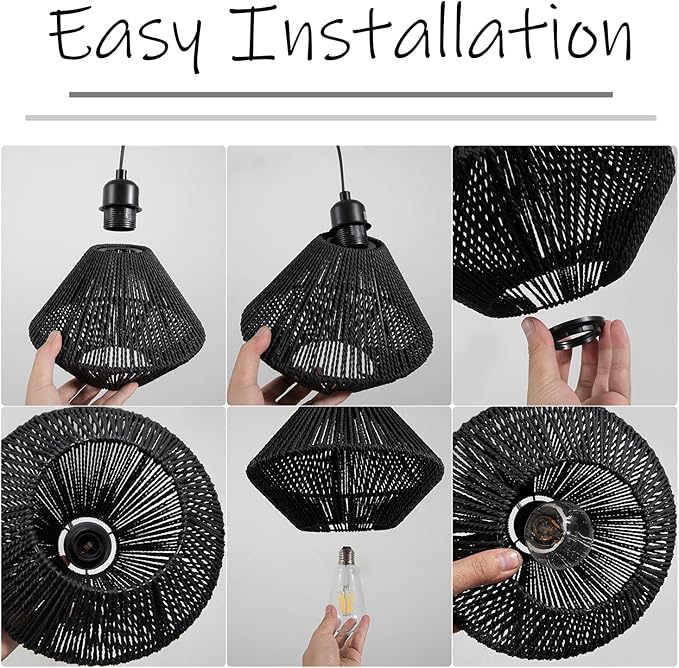 2 Pack Woven Plug in Pendant Light Fixture Black, 9.65’’ Rustic Farmhouse Pendant Hanging Light with Plug in Cord & On/Off Switch for Kitchen Island Living Dining Room Bedroom Foyer