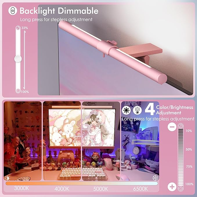 Quntis Pink Monitor Light Bar with Remote, Eye-Care No Glare, Space Saving Computer Desk Lamp As Gifts for Girls, Stepless Dimming, Modern Aesthetic Desk Light Bar for Home Office, Mother's Day