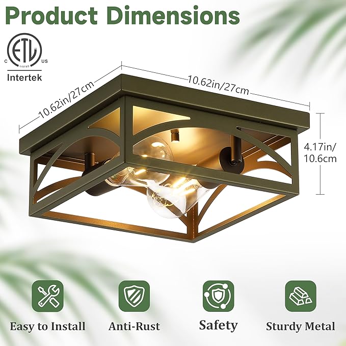 Flush Mount Ceiling Light, Farmhouse Ceiling Light Fixture for Hallway Kitchen, Outdoor Porch Ceiling Light Flush Mount, Bedroom Lights for Ceiling, Dark Olive, 1 Pack(Bulbs Not Included)