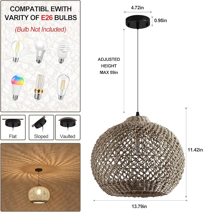 Pendant Light Rattan Fixture,Farmhouse 13.79” Wicker Hand-Woven Boho Hanging Chandelier for Kitchen Island Bedroom Living Room Entry Hallway