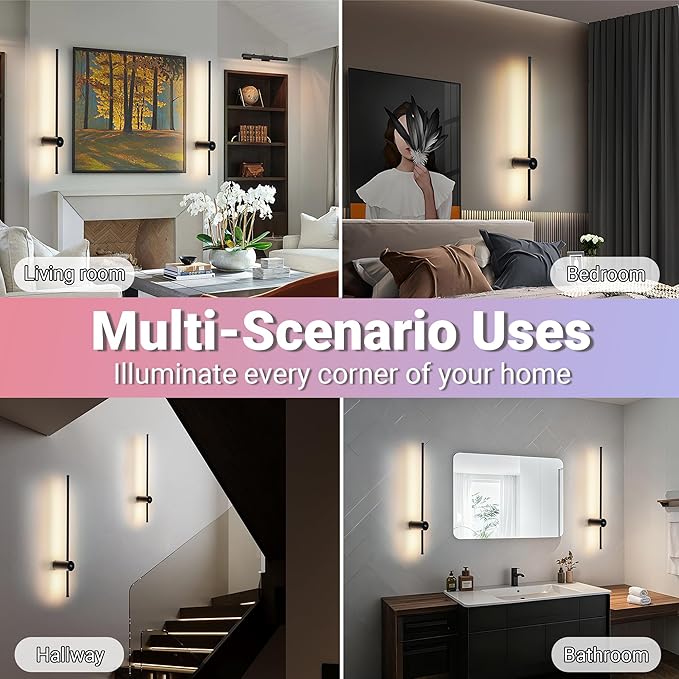 31.5 inch Battery Operated Wall Sconce Set Of 2, 10000mAh Rechargeable Wall Light With Remote Control, RGB Dimmable Wireless Sconces Wall Decor For Bedroom Living room Hallway, 360°Rotate, Black