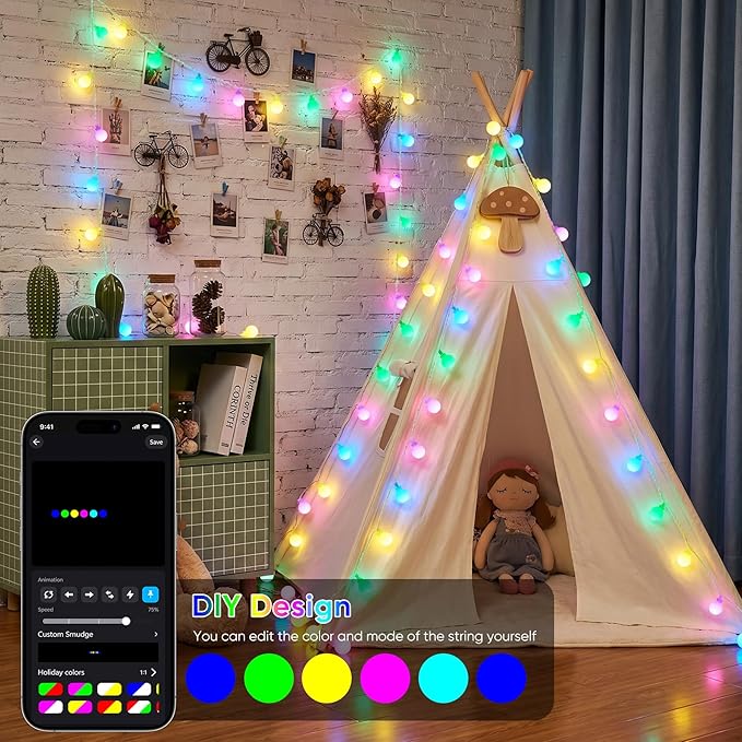 OMIKA 33FT 60 LED Color Changing Globe String Lights, Warm White & Multicolor USB Powered Smart Fairy Lights, APP & Remote Control, Music Sync, 100+ Dynamic Mode for Dorm, Classroom, Room Decor