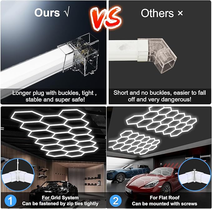 MODERN 18Grids Hexagon Garage Light: 72Pack 574W 70000LM High Brightness Hexagon Garage Lights-Easy Install Honeycomb Ceiling Lights for Warehouse, Gym Basement, Exhibition Hall