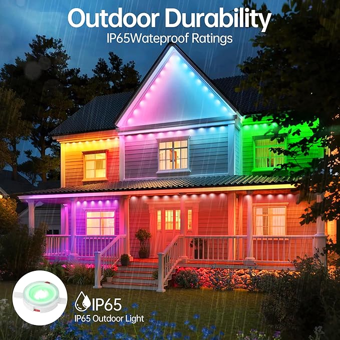 Permanent Outdoor Lights 150ft RGB+IC Outdoor String Lights App Control IP67 Waterproof,100 Scene Modes Home for Christmas,Halloween,Holiday, Daily,Birthday Decor