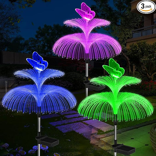 Weepong Solar Garden Lights Waterproof 3 Pack Solar Lights Outdoor Decorative 7 Color Changing Double Jellyfish and Butterfly Flower Garden Decor Yard Christmas Pool Outdoor, Gifts for Mother's Women
