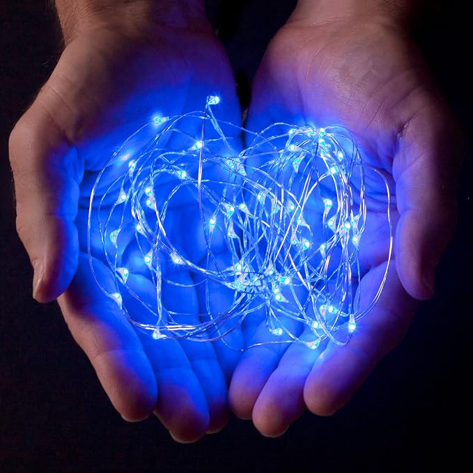 30 LED Wire Twinkle Fairy Lights, Battery Powered, Waterproof — Christmas, Holidays, Halloween, Wedding — Bedroom, Living Room — 9.5 Ft, Blue, Indoor & Outdoor