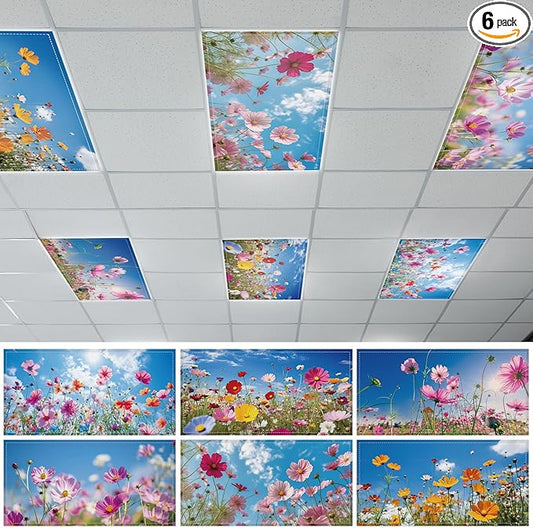 6 Pcs Fluorescent Light Covers with 60 Magnets Decorative for Classroom Ceiling Lights 4 x 2 Feet Magnetic Light Cover Filter Easy Install for Office Hospital Home Ceiling Supplies (Flower Bush)