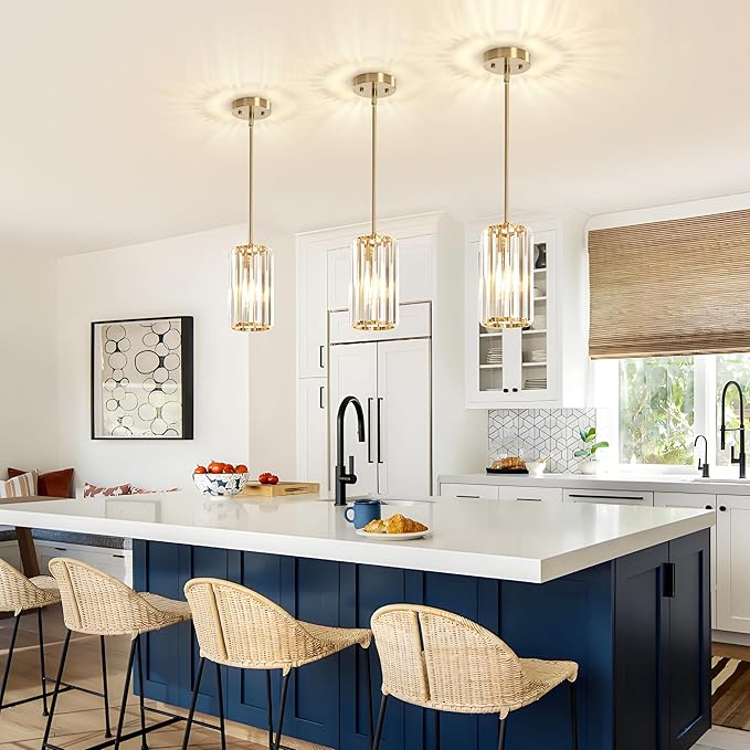 3-Pack Brass Gold Pendant Light Fixtures, Crystal Kitchen Pendant Lighting Over Island,Mini Modern Pendant Lights for Kitchen Island, Dining Room, Hallway, Foyer, Entryways