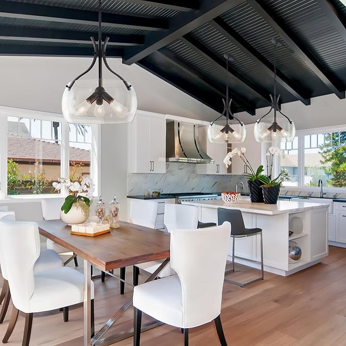 15.7" Glass Chandelier,3-Light Modern Black Chandelier with Clear Glass Shade,Farmhouse Round Hanging Light Fixture for Dining Room Kitchen lsland Hallway Foyer