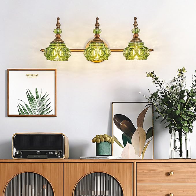 Vintage 3-Light Bathroom Vanity Light Fixtures, Modern Brass Vanity Wall Sconces Over Mirror with Green Glass Shade for Bathroom Bedroom Living Room