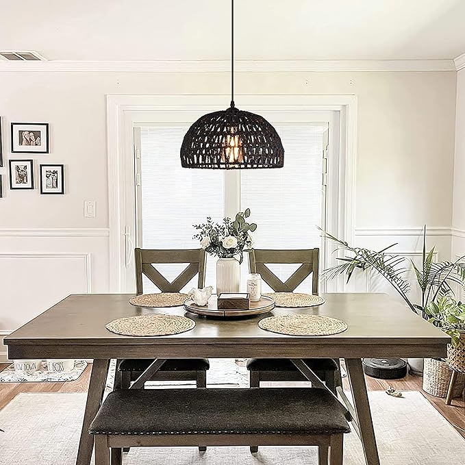 Black Woven Pendant Light Boho Chandelier Light Fixture Wicker Pendant Light Rattan Light Pendant Woven Light Fixture Dome Pendant Light for Dining Room Bedroom Kitchen Island (Bulb Incl)