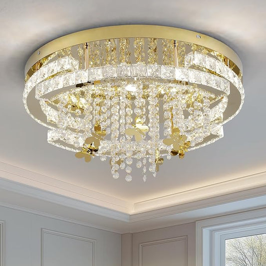 GreeLustr Modern Low Profile Crystal Chandeliers, Large Round Crystal Ceiling Light for Living/Dining Room, Semi Flush Mount Raindrop Chandelier for Bedroom, Adjustable LED Lights Fixture 20″ 5-Light