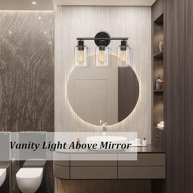 Pia Ricco Bathroom Vanity Light Fixtures, 3-Light Bathroom Wall Lights with Clear Glass Shades, Oil Rubbed Bronze Modern Vanity Light Over Mirror, Wall Sconces for Living Room Bedroom Hallway