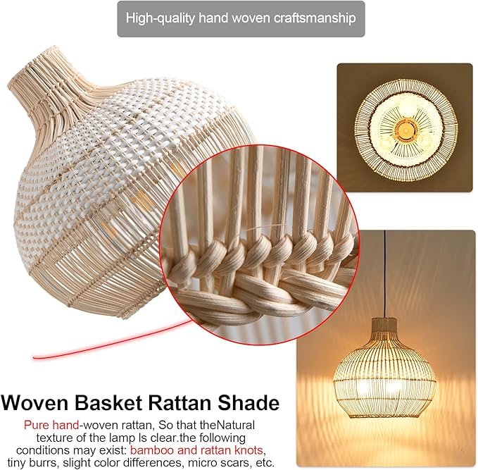 15" Rattan Pendant Light Fixture,3-Light Hand-Woven White Wicker Basket Chandelier Boho Faux Rattan Hanging Lamp,for Dining Living Bedroom Kitchen1-Pack
