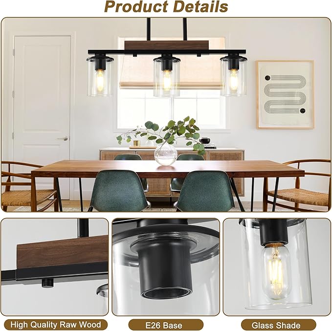 23.6'' Kitchen Island Light Fixtures, 3-Light Dining Room Light Fixture Chandelier Over Table, Black Modern Rustic Wood Ceiling Pendant Light Fixtures, with Clear Glass Shade, Farmhouse Chandelier