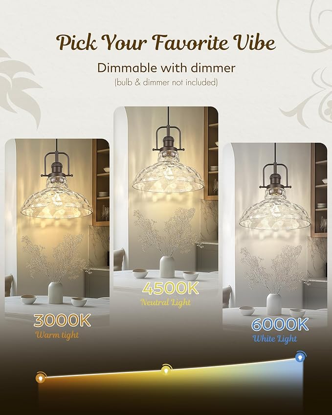 FEMILA Water Ripple Glass Pendant Light, 11" Modern Pendant Lighting for Kitchen Island, Adjustable Hanging Light Fixture, Oil Rubbed Bronze, Farmhouse Island Lights for Kitchen, 4FY09-MP ORB-WG-2