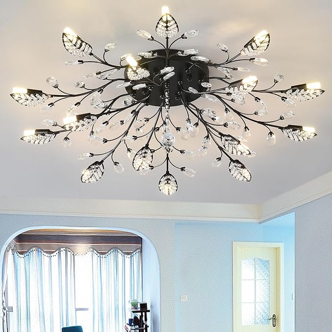 Crystal Ceiling Light Fixture Semi Flush Mount Ceiling Light Fixture Black Leaves Chandeliers Lighting for Bedroom Living Room Dining Room Kitchen Hallway Foyer