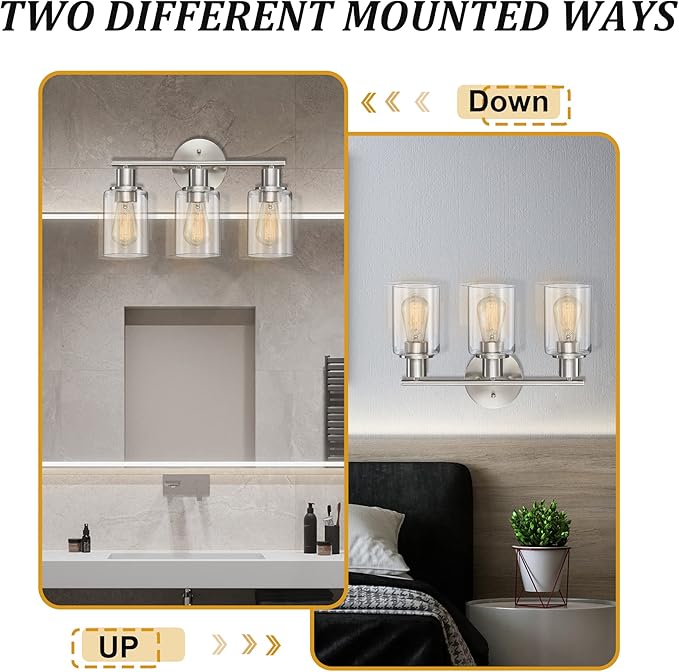 Pia Ricco 3-Light Bathroom Vanity Light Fixtures, Brushed Nickel Vanity Lights with Clear Glass Shades,Modern Wall Lights Over Mirror, Bath Wall Sconces for Mirror Living Room Bedroom Hallway
