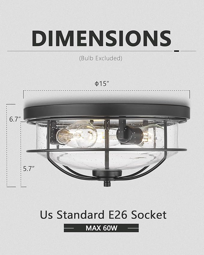 3-Light Flush Mount Ceiling Light, HWH 15 inch Hallway Light Fixtures Ceiling with Seeded Glass, Matte Black Finish, 5HTJ102F BK