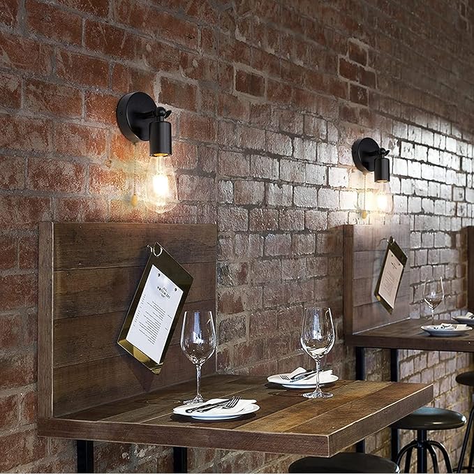 Adjustable Retro Wall Sconce Light with Pull Chain Switch Vintage Black Wall Lights Fixture with On Off Switch E26 Indoor Wall Lamps for Home Bedroom Kitchen Wall Mount ighting, NO Bulb