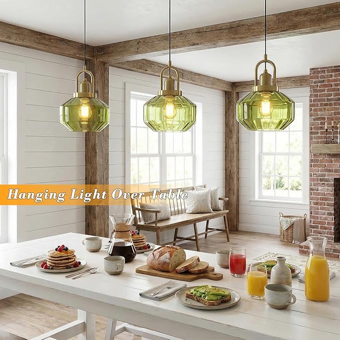 9in Mid Century Modern Green Glass Pendant Light Fixture, Small Gold Kitchen Island Pendants Light Glass Ceiling Hanging Lamp for Foyer Dining Room Bedroom Entryway Hallway Over Sink