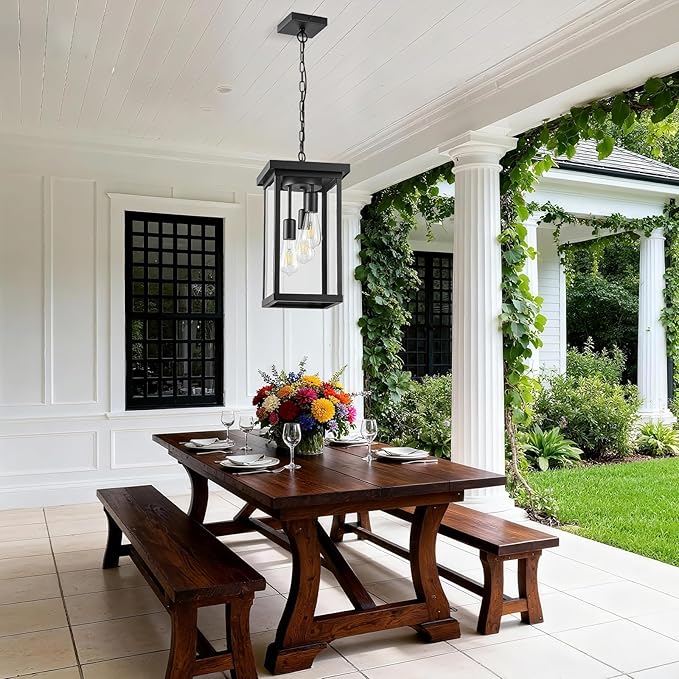 LOUSACE 3-Light Outdoor Pendant Light for Porch, 16'' Large Exterior Hanging Pendant Light Fixture Black Outdoor Chandelier with Clear Glass, Outside Porch Light for Front Door Entrance Balcony Foyer