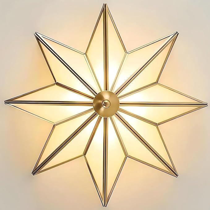 LIGHTLAND 19.7 Inch Flush Mount Star Ceiling Light, 4 Lights Brass Ceiling Lamp with Glass Lampshade, Art Deco Close to Ceiling Light Fixtures for Bedroom Living Room Entryway Hallway, Gold