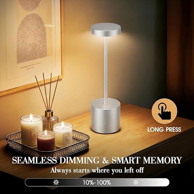 Silver Cordless Table Lamp Set of 2, 5000mAh Rechargeable Lamp with Touch Control & Stepless Dimming, 3 Light Modes, IP54 Waterproof Portable Light for Dining Table, Patio, Bathroom, Power Outage