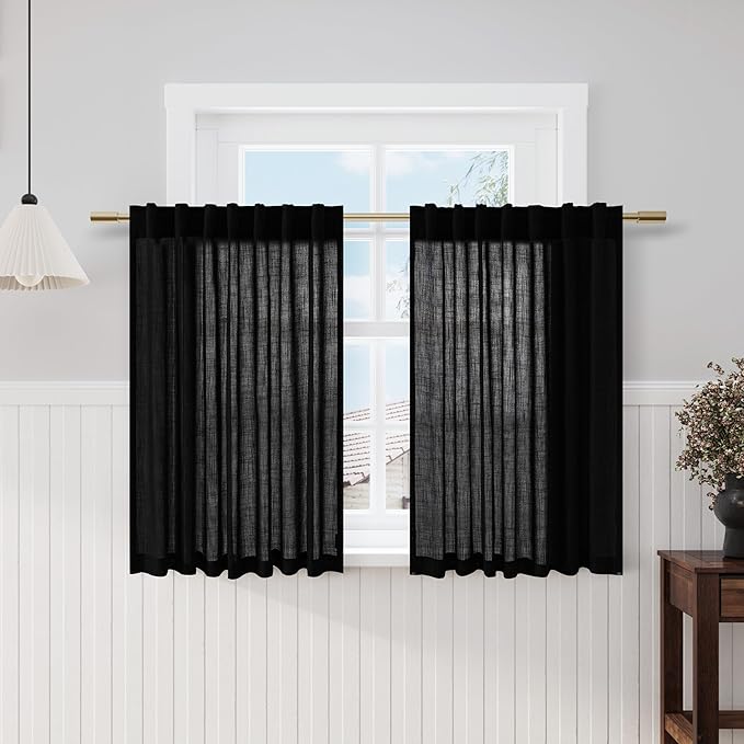 Nanspring Black Cafe Curtains 48 Inch Length Set 2 Panel Back Tab Pocket Semi Sheer Short Linen Black Curtain Tiers for Small Bathroom Window Basement 52x48
