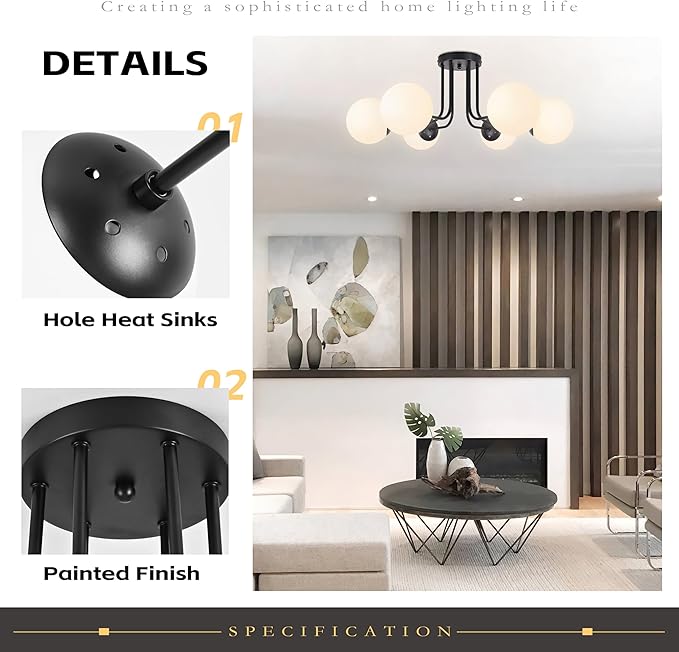 KoKo&Yukina 6-Light Modern Semi Flush Mount Ceiling Light Fixture Mid Century Ceilings Lights Globe Ceiling with Milk Glass Shade Matte Black Finish for Bedroom Hallway Dining Room Living Room