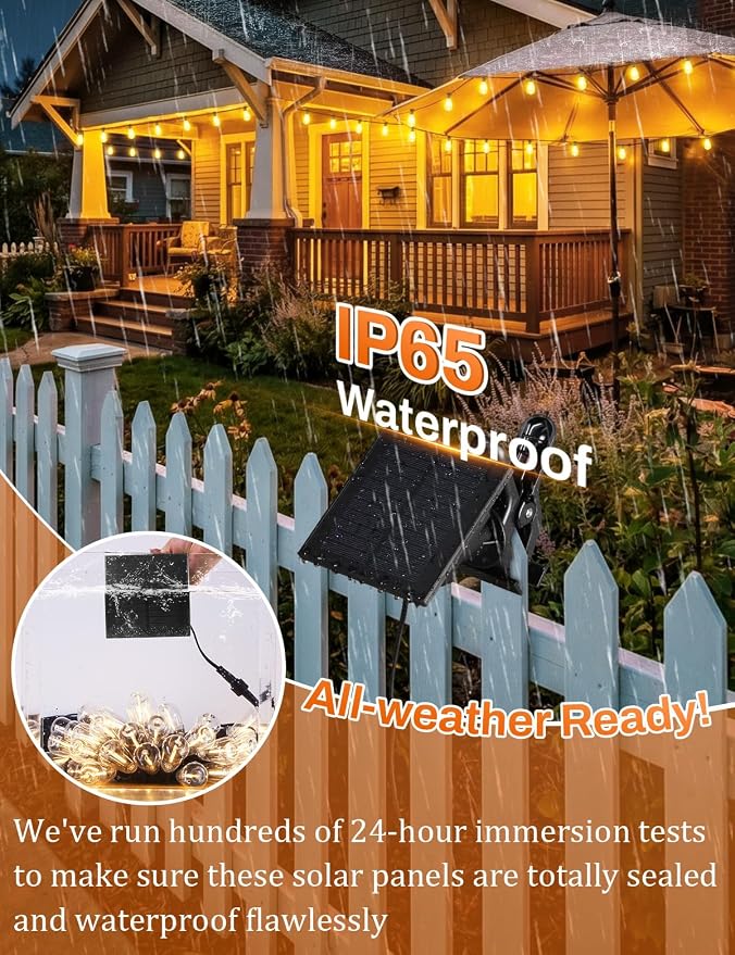 Brightever 36FT Solar String Lights Outdoor Waterproof with Remote, 12+1 Shatterproof ST38 LED Bulbs, Warm White & 3 Lighting Modes, Dimmable Outdoor Solar Lights for Patio, Camping, Party