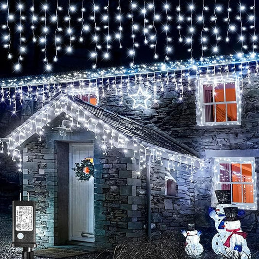Icicle Christmas Lights Outdoor - 16.5FT 200 LED Icicle Lights for Outside Waterproof with 8 Modes, Connectable Curtain String Light for Bedroom House Party Wedding Holiday Decorations, Cool White