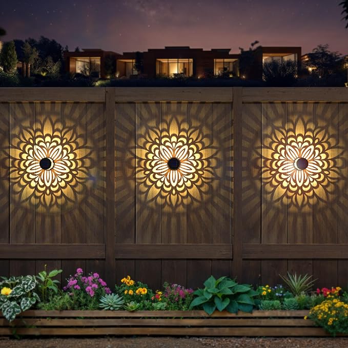 4 Pack Solar Fence Lights Metal Solar Powered Outdoor Wall Deck Step Lights Mandala Theme Waterproof Fence Light for Garden Post Patio Backyard Yard Decor, Gardening Gifts for Women Mom Grandma