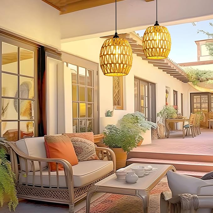 Battery Operated Chandelier, 2 Pack Natural Rattan Pendant Lights - Waterproof Outdoor Boho Hanging Lamps with Egg-Shaped Design, for Patios, Pergolas, Porch, Gazebo & Indoor Ceiling Decor