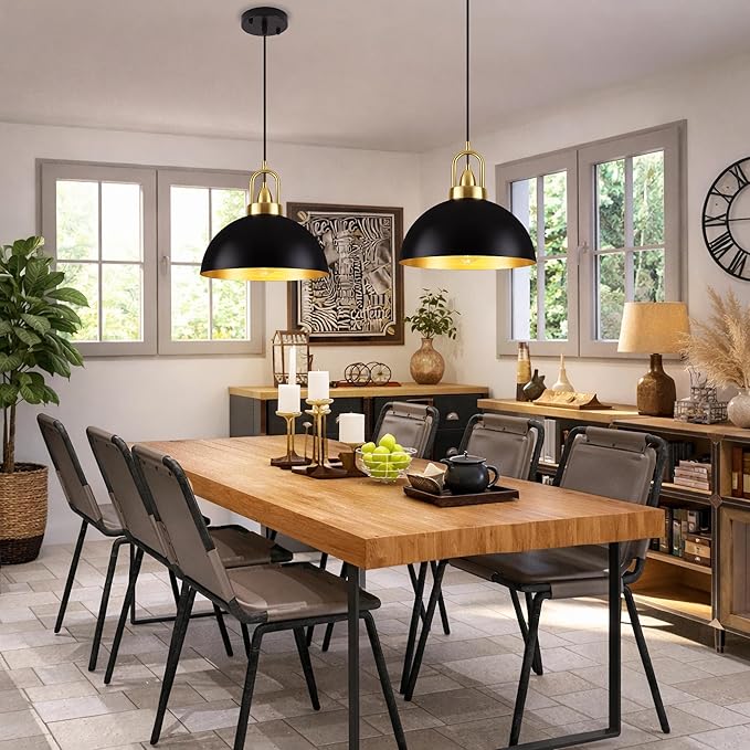 12'' Black Pendant Lights for Kitchen Island Lighting, 2-Pack Modern Farmhouse Industrial Dome Hanging Ceiling Pendant Lighting Fixture for Dining Room, Bar, Living Room
