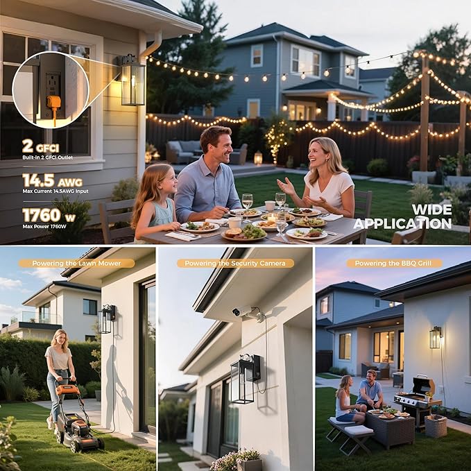 DORESshop Upgraded Dusk to Dawn Outdoor Wall Lights with GFCI Outlets, 16 Inch Matte Black Waterproof Anti-Rust Outdoor Light Fixtures with Clear Glass, Exterior Light Fixtures for Porch, Garage, ETL