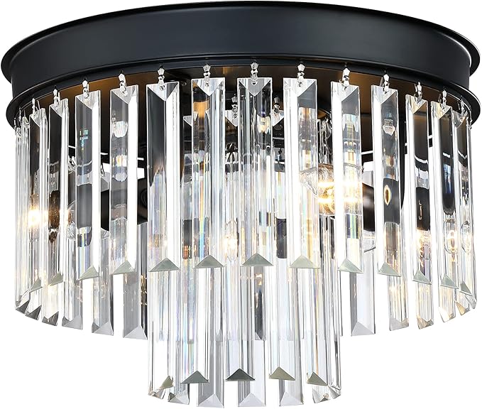 MEXO Crystal Flush Mount Ceiling Light Black Finish,2-Tier Crystal Close to Ceiling Light Fixture for Living Room Bedroom Dinning Room Hallway