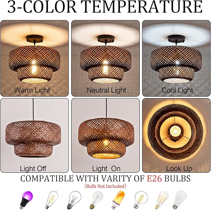 Dark Curry Bamboo Pendant Light,Boho Rattan Hanging Light,13.78" Hand Woven Wicker Chandelier for Kitchen Island for Kitchen Island Dining Bedroom Living Room Restaurants