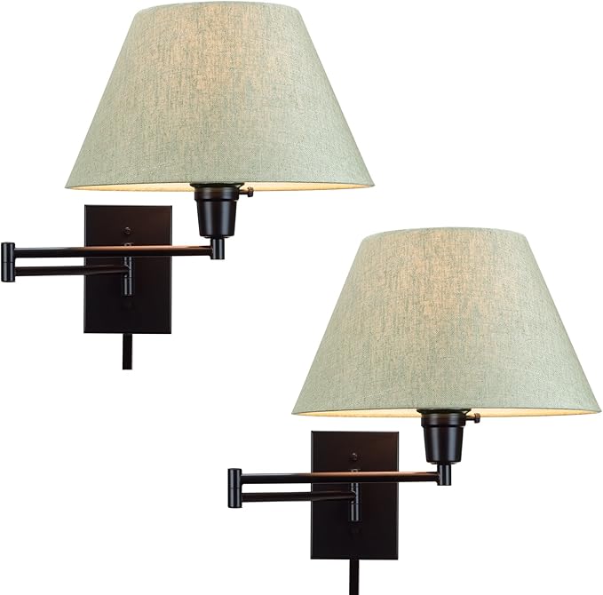 Kira Home Cambridge 15" Set of 2 Modern Swing Arm Wall Sconce with Latte Mocha Empire Fabric Shade, 2-in-1 Plug in or Hardwired Wall Lamp with 3-Way Switch, Black Finish