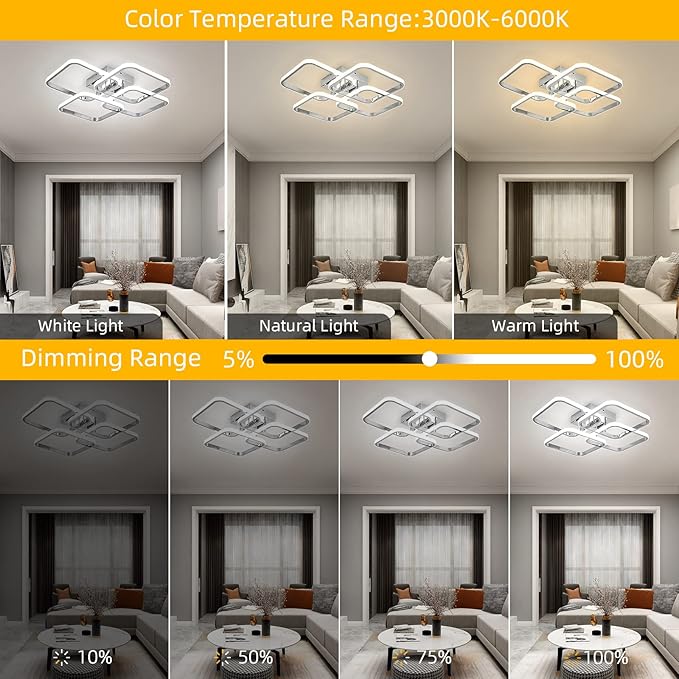 CANEOE Dimmable Modern Led Ceiling Light, 4 Rings Square Ceiling Lamp with Remote Control, 48W Chrome Acrylic Ceiling Lighting Fixture for Living Room Dining Room Kitchen Office Lamps