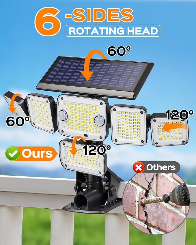 Solar Flood Lights Outdoor,5000LM 336 LEDs Dual Clip on Motion Sensor Lights with 360° Wide Angle &3 Modes, IP65 Waterproof Security Lights for Yard Patio Garage Garden,1Pack