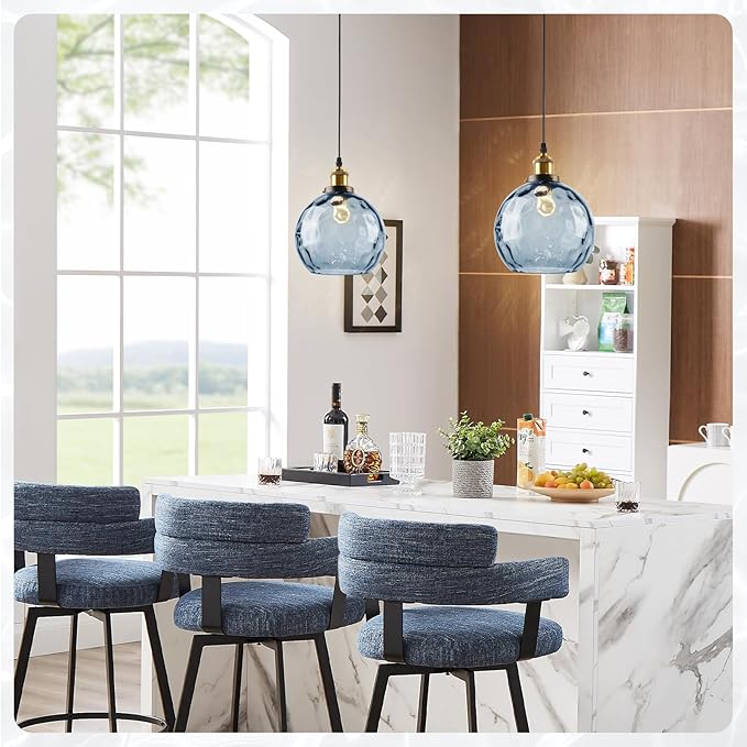Modern Pendant Lights Kitchen Island, Hand Blown Glass Hanging Kitchen Lights with 7.8" Blue Hammered Globe, 1-Light Island Pendant Lights for Kitchen Dining Room Bathroom Bedroom