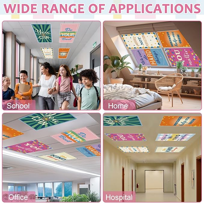 QOUBAI 8 Pcs Fluorescent Light Covers,4 x 2 Ft Magnetic Light Filters Inspirational Fluorescent Lights Shade Easy Install for Classroom Office Library Hospital Home Ceiling Positive