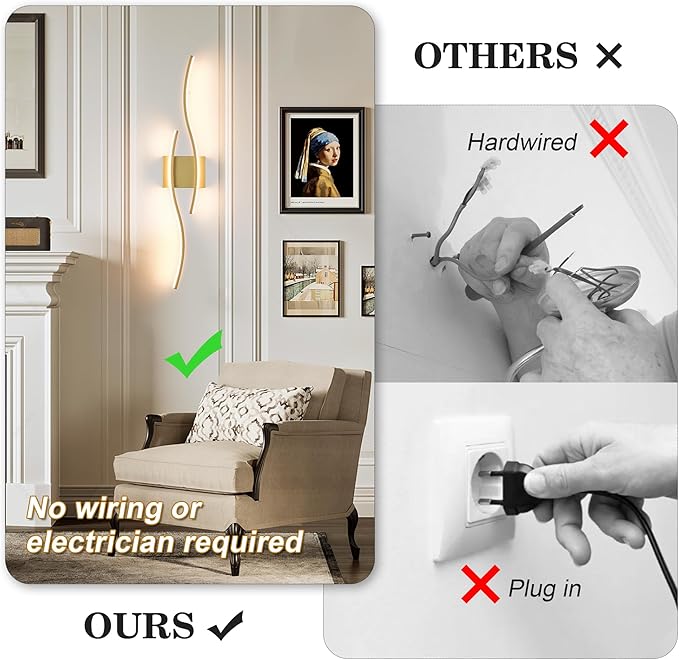 KARTOOSH Battery Operated Wall Sconces Set of Two with Remote Control, Dimmable/3 Colors/Night-Light/Timer/Memory, Gold Modern Wireless LED Sconce for Living Room, Hallway, Bedroom, 27.5 Inch (2 Pack)