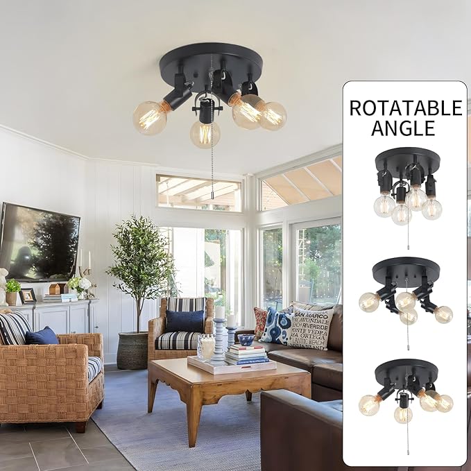 SEEBLEN 4 Light Flush Mount Ceiling Light with Pull Chain, Industrial Kitchen Ceiling Light with Rotatable Light Head,Black Pull Chain Ceiling Spotlight for Bedroom Hallway Kitchen Laundry