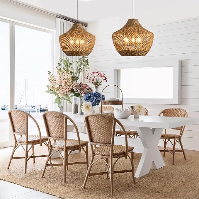 18.9" Rattan Pendant Light Fixtures,Boho Rattan Pendant Light 3-Light Hand Woven Seagrass Chandelier for Workplace Occasions Restaurants Dining Living Bedroom Kitchen Farmhouse