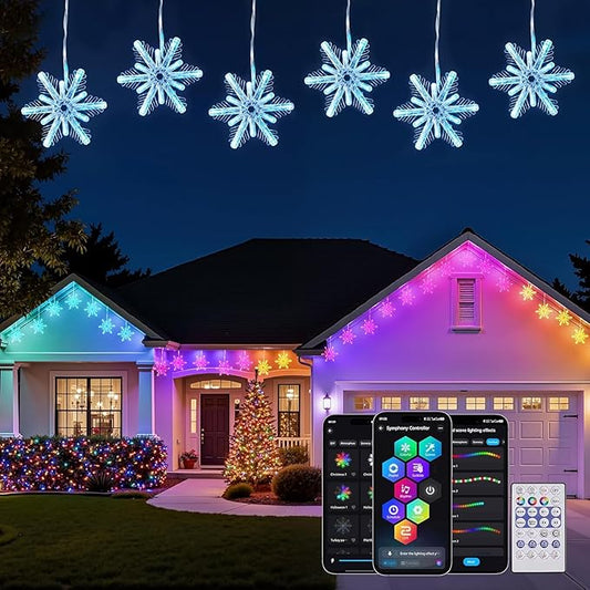 Brightown Smart Christmas Snowflake Lights Outdoor, 24ft 192LED with 16 Drops Icicle Lights with APP Control & Music Sync, Waterproof Connectable, 80+ Scene Modes for Roof, Yard, Patio, Window