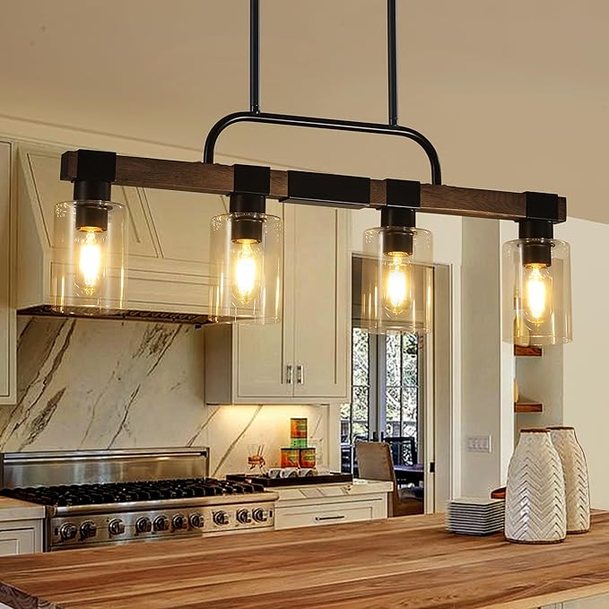 Farmhouse Dining Room Light Fixtures Over Table，Rustic Ceiling Pendant Lights Kitchen Island，4-Light Wood Kitchen Island Lighting Linear Chandelier with Clear Glass lampshade
