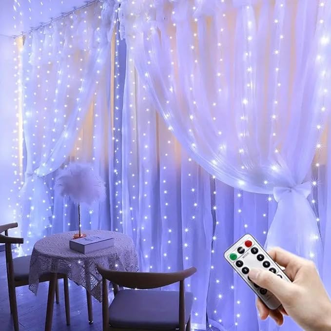 300 LED Warm White Fairy Curtain Lights – 3m USB Plug-in String Lights with Remote Control, 8 Modes for Indoor/Outdoor Use – Perfect for Bedroom, Weddings, Parties, and Holiday Decor (2, White)