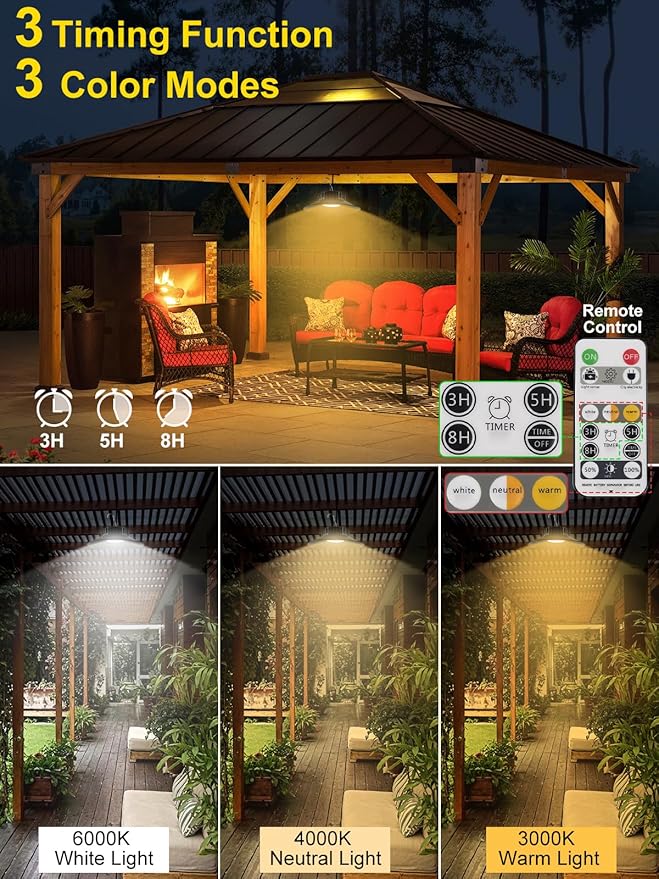 T-SUN Solar Shed Lights 4 Pack Solar Pendant Lights, Outdoor Indoor Garden Light with Remote 3000K/ 4000K/ 6000K, IP65 Waterproof for Barn Shed Shop Patio Garage Courtyard Balcony